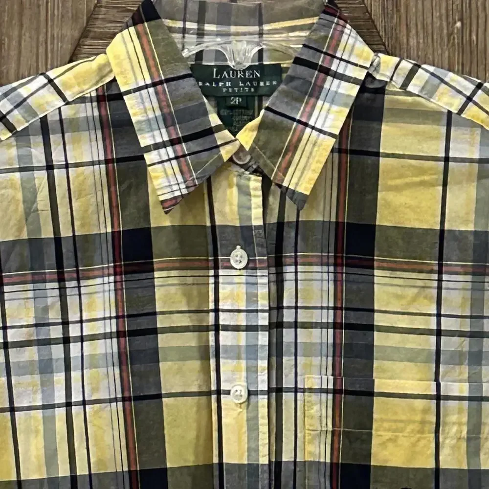 Lauren Ralph Lauren Yellow Plaid Button Up Long Sleeve Shirt Size 2P Preppy